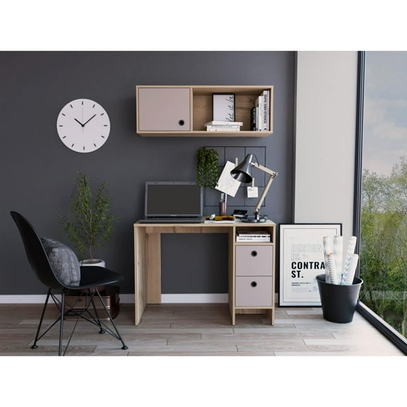 Khali Office Set, Two Shelves, Two Drawers, Wall Cabinet, Single Door Cabinet, Light Oak / Taupe