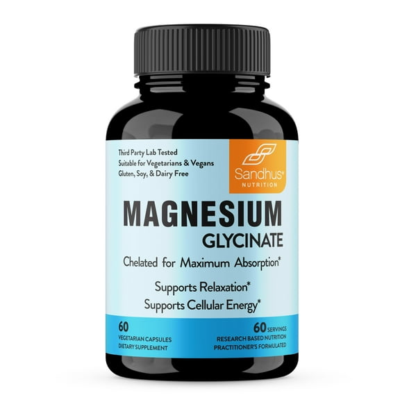 Sandhu's Magnesium Glycinate - Chelated Magnesium for Maximum Absorbing - Supports Relaxation & Cellular Energy - 60 Vegetarian Capsules
