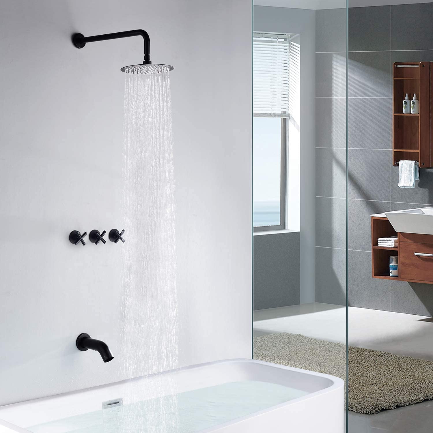 Sumerain 3 Handle Tub Shower Faucet,Matte Black Bathtub Faucet Set with Waterfall Tub Spout,Tub and Shower Trim Kit with Valve