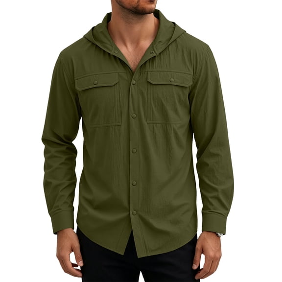 Yusimy Men's Solid Quick Dry Hooded Top with Pocket Long Sleeve Breathable UV Sun Protection Sports Shirt Casual Outdoor for Hiking