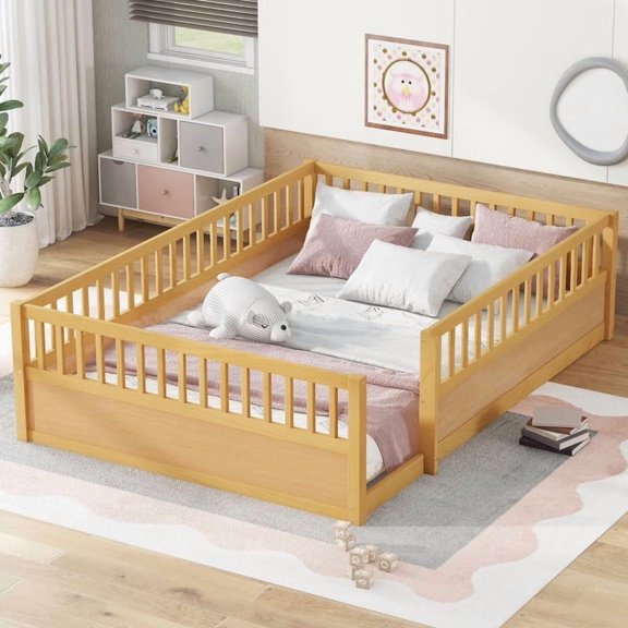 Bellemave Queen Size Floor Bed, Queen Montessori Bed Frame with High Fence Rails, Solid Wood Queen Beds Frame, Easy Assembly Platform Beds,Natural