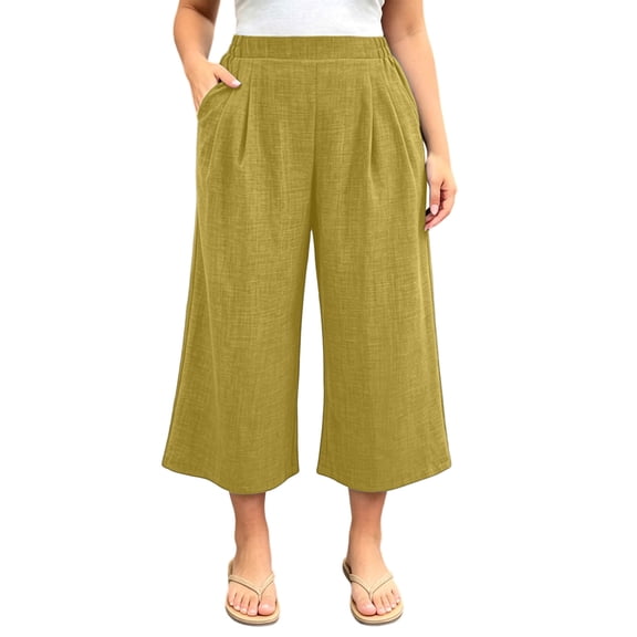 Khunlpohl Womens Capri Pants Plus Size Wide Legs Palazzo Elastic High Waist Pant Casual Baggy Plain Capris Trousers with Pockets