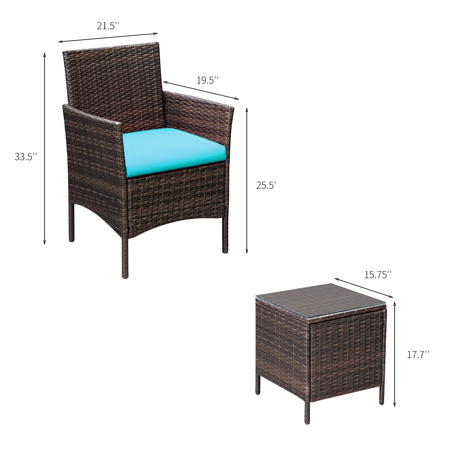 Devoko 3 Pieces Patio Furniture Set Outdoor Conversation Set Wicker Bistro Chairs Set of 2 with Coffee Table for Porch Backyard Balcony,, Brown/ Blue