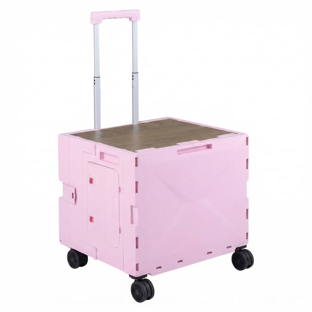 Gymax Foldable Utility Cart on 4 Rotate Wheels w/Telescoping Handle Lid & Cup Holder Pink