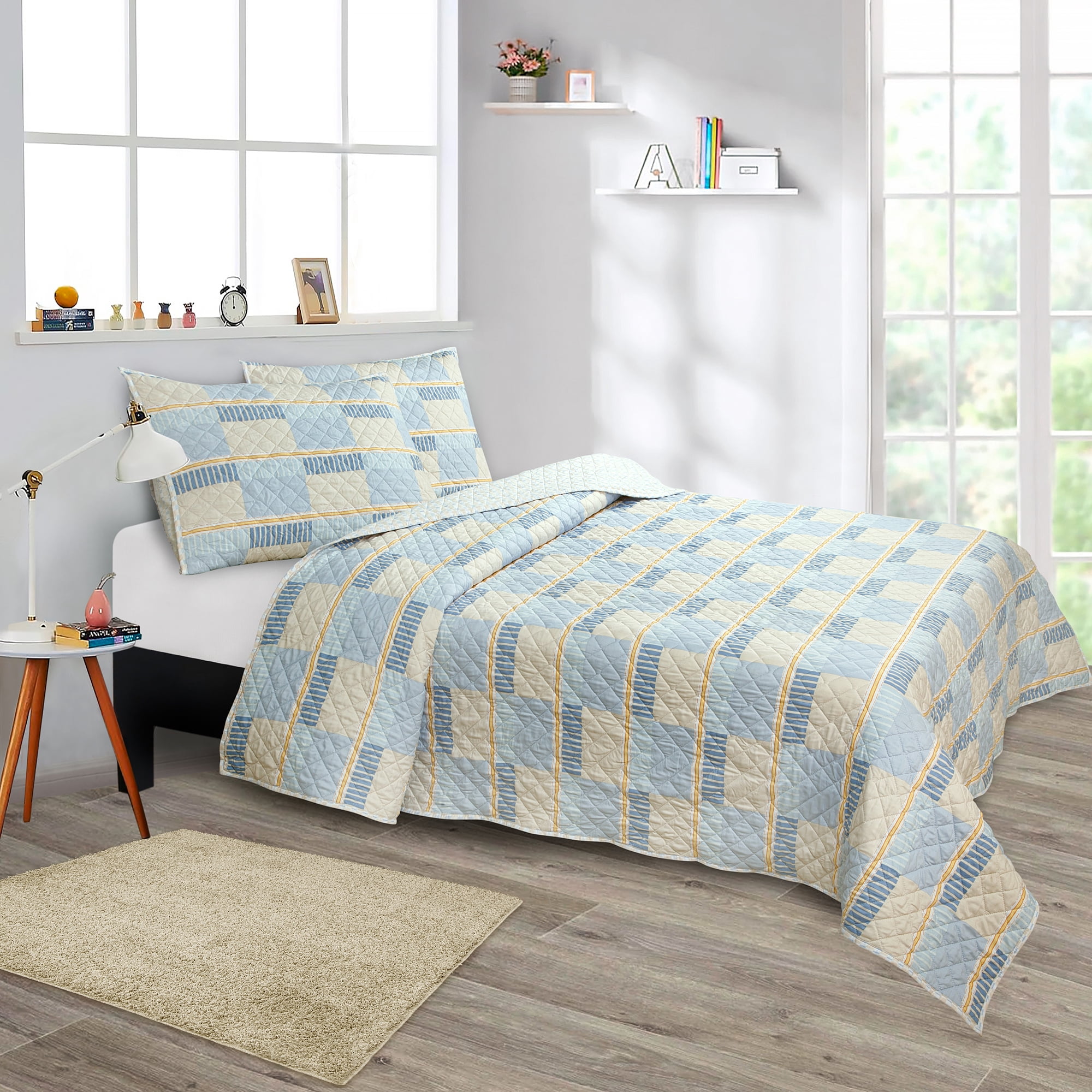 SCAD Piece by Piece Stripe 3 Piece Quilt Set, Blue and Yellow Stripe, Includes 2 Pillow Shams, Twin XL