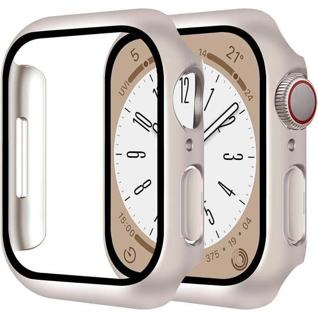 Smiling Paquete de 2 Estuches con Protector de Pantalla de Vidrio Templado Incorporado Compatible con Apple Watch Series 9 (2023)/Series 8/Series 7 de 45 mm, Estuche rígido para PC con Protector de Pa
