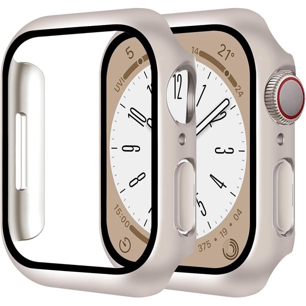 Smiling Paquete de 2 estuches con protector de pantalla de vidrio templado incorporado, compatible con Apple Watch Series 9 (2023) /Series 8 /Series 7 de 41 mm, estuche rígido para PC, cubierta protec