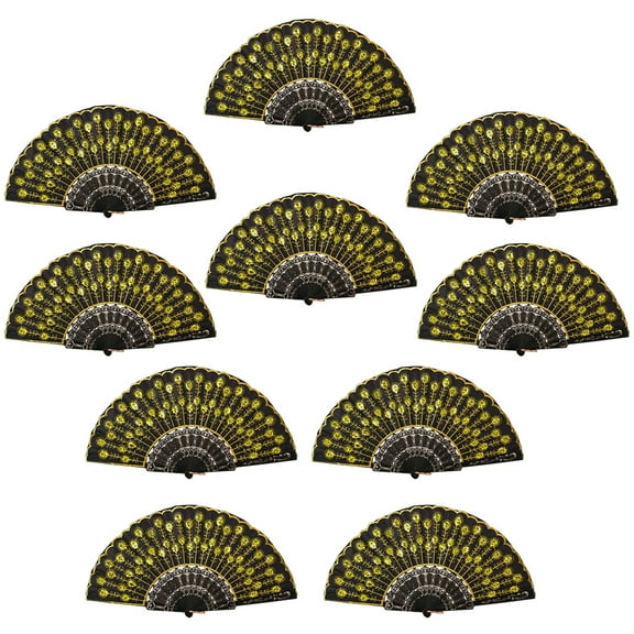 HUONA 10 Pieces Foldable Fans Handheld Sequin Fans Vintage Style Hand Held Folding Fans for Party Wedding Decoration Dance Fans Yellow