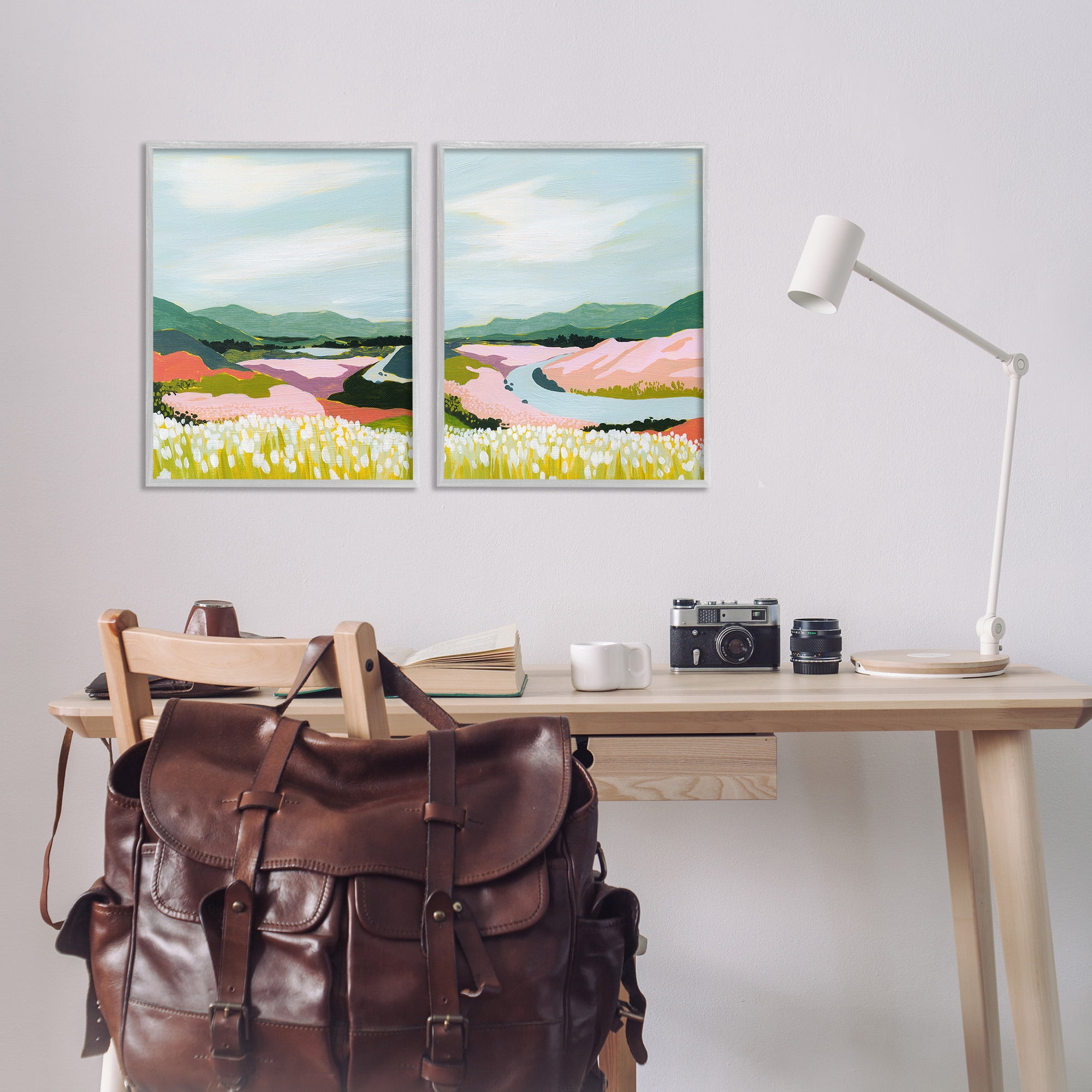 Stupell Industries Mountain Valley Meadow Landscape Painting Gray Framed Art Print Wall Art, 16 x 20, Set of 2