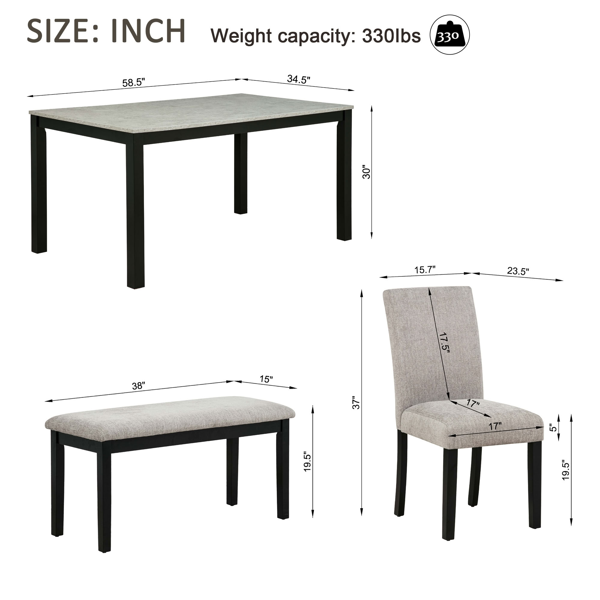 MAYEERTY 6-Piece Dining Table Set with Bench, for 4-6 Person Kitchen Dining Room Restaurant, Grey & Black