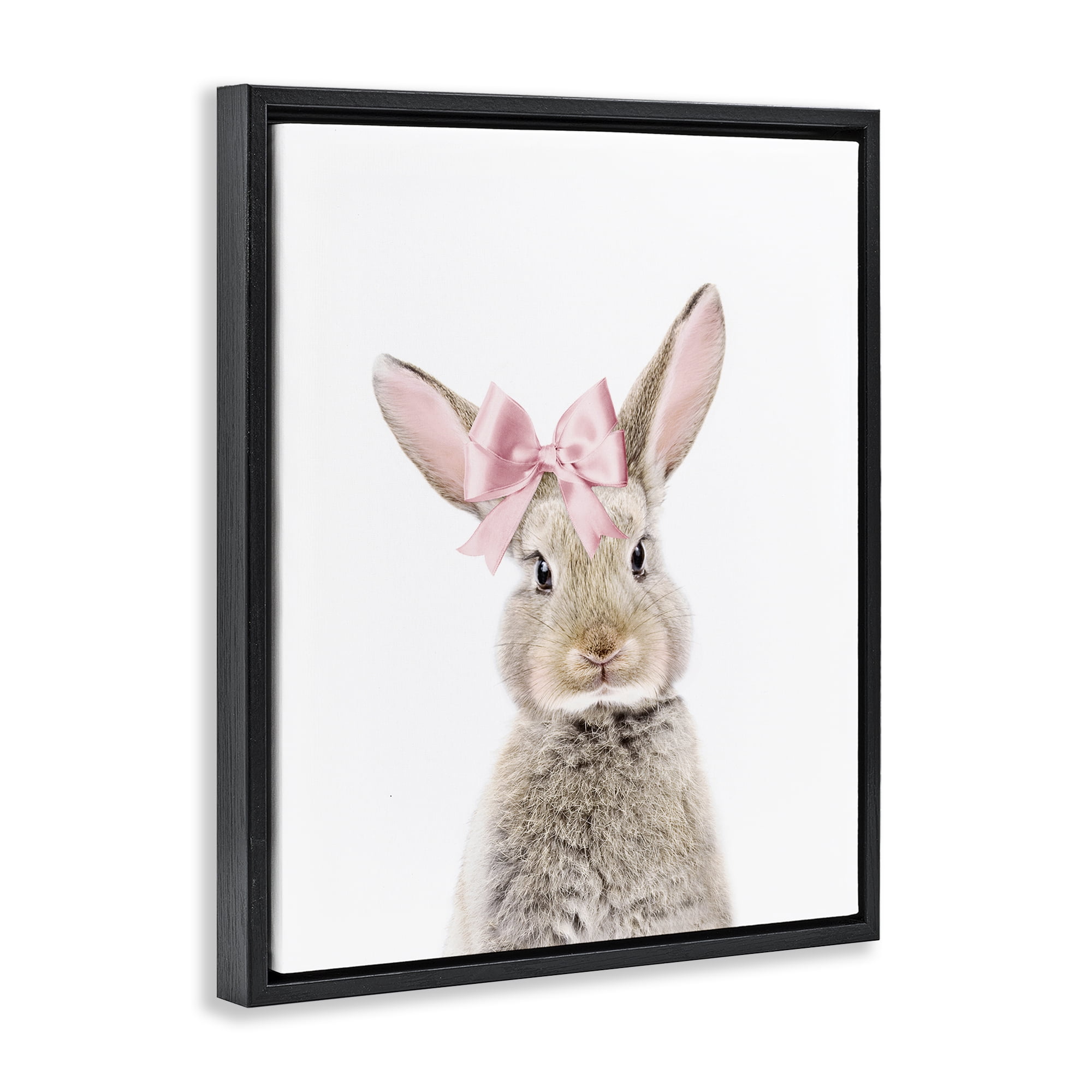 Stupell Industries Bunny with Pink Bow Animals Painting Black Floater Framed Canvas Art Print Wall Art, 17 x 21