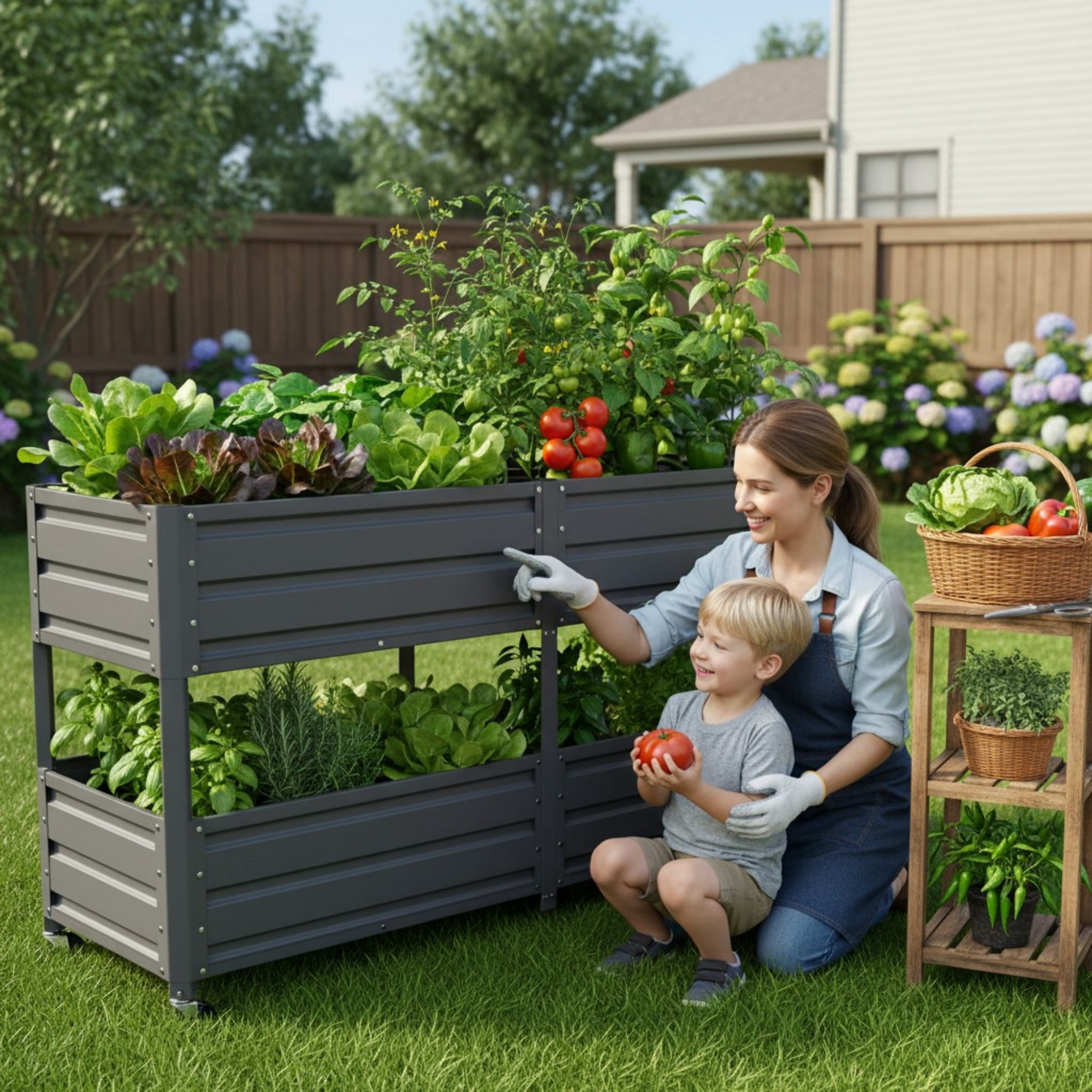 Aukfa 2-Tier Elevated Raised Garden Bed with Lockable Wheels, 37.8" Tall Outdoor Galvanized Metal Planter Box for Vegetables, Herbs, Flowers, Patio Backyard Garden, Gray