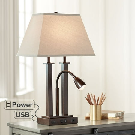 Possini Euro Design Modern Desk Table Lamp with USB Outlet Reading Light LED Bronze Rectangular Linen Shade for Bedroom
