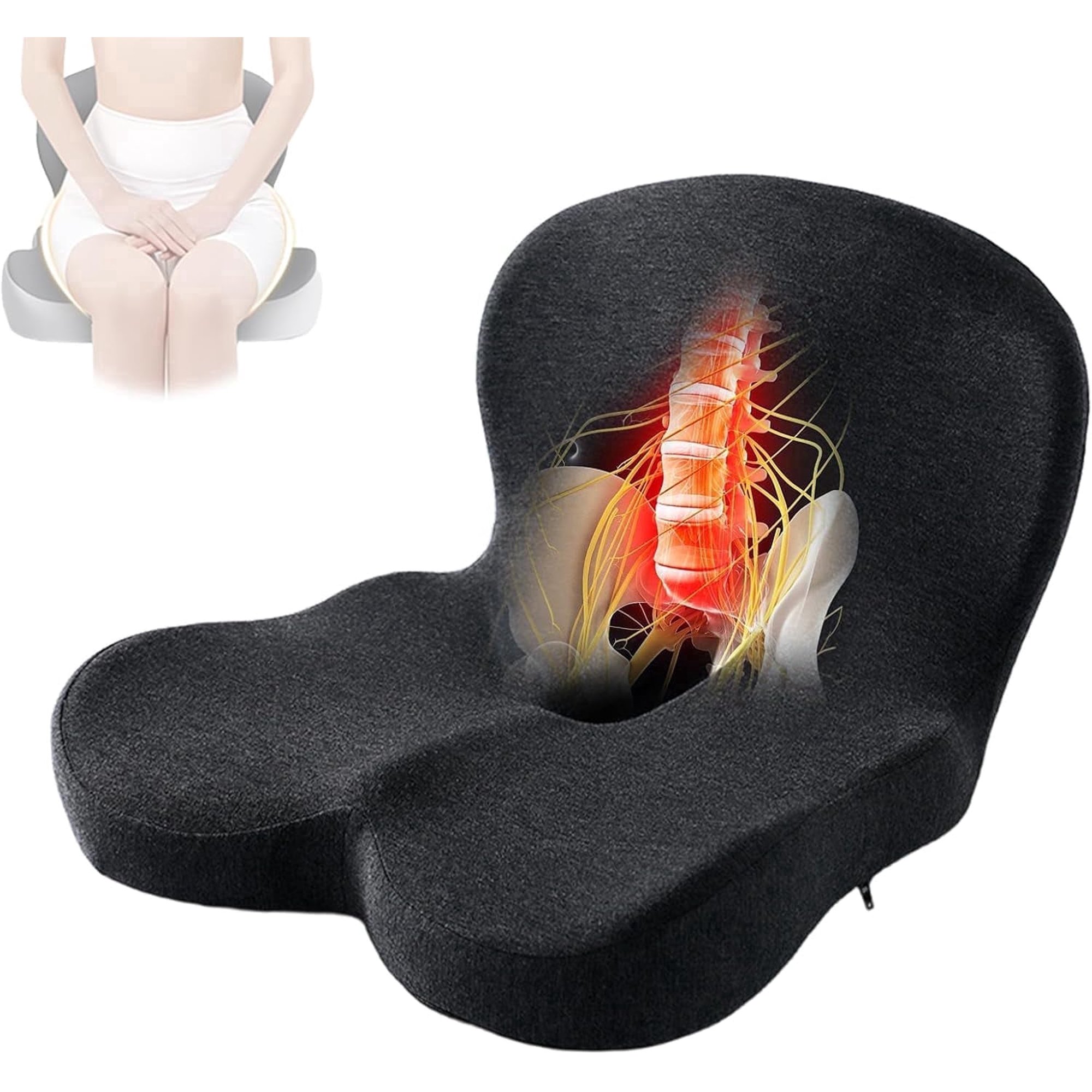 Ergonomic Memory Foam Seat Cushion with Coccyx Cutout L Shaped Lumbar Support Pillow Non Slip Chair Cushion for Office & Car