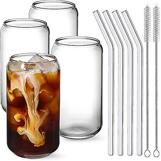 Juego de 4 vasos con pajita de cristal, vasos de cristal con forma de lata de 16 oz, vasos de cerveza, vasos de café helado, vaso bonito, ideal para whisky, refrescos