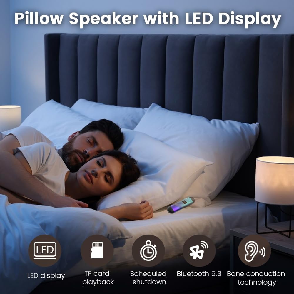 Bluetooth Bone Conduction Pillow Speaker for Sleeping Aid, Portable Wireless Speaker with 32GB Memory, Long Battery Life and LED Display