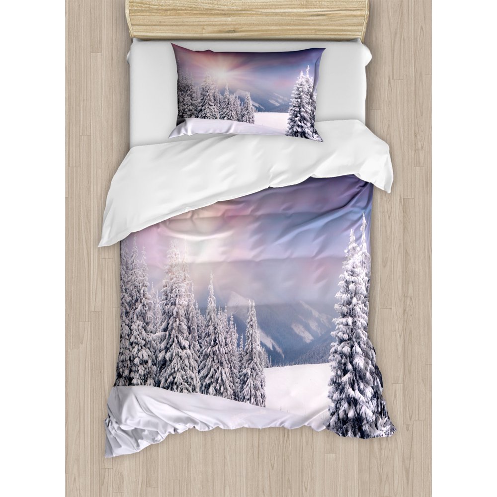 Winter Twin Size Duvet Cover Set, Idyllic Image of Snow Season Outdoors