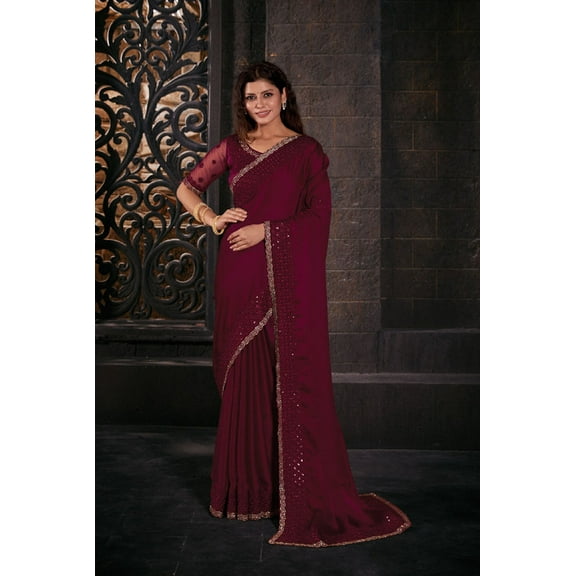 Designer Magenta Resham Sequins Embroidery Silk Saree