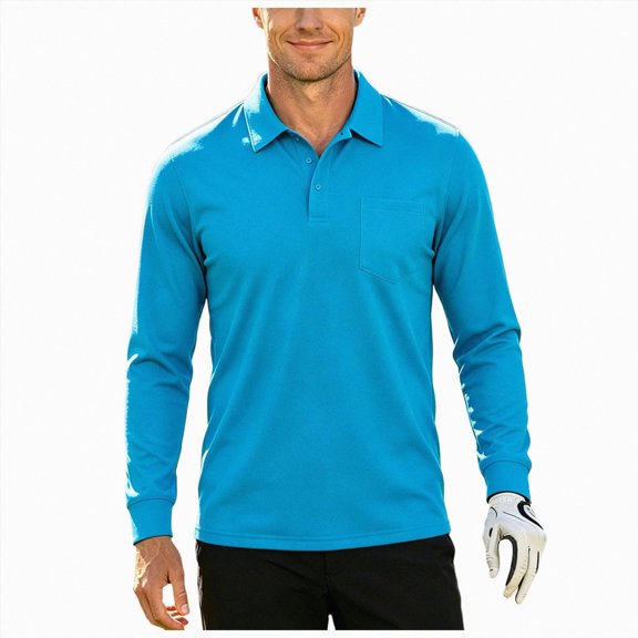 GEWSEY Mens Polo Shirt Long Sleeve Athletic Breathable Collar Golf Shirt Performance, Moisture Wicking, Business Casual, Collared Shirt, Soft (Blue, M)