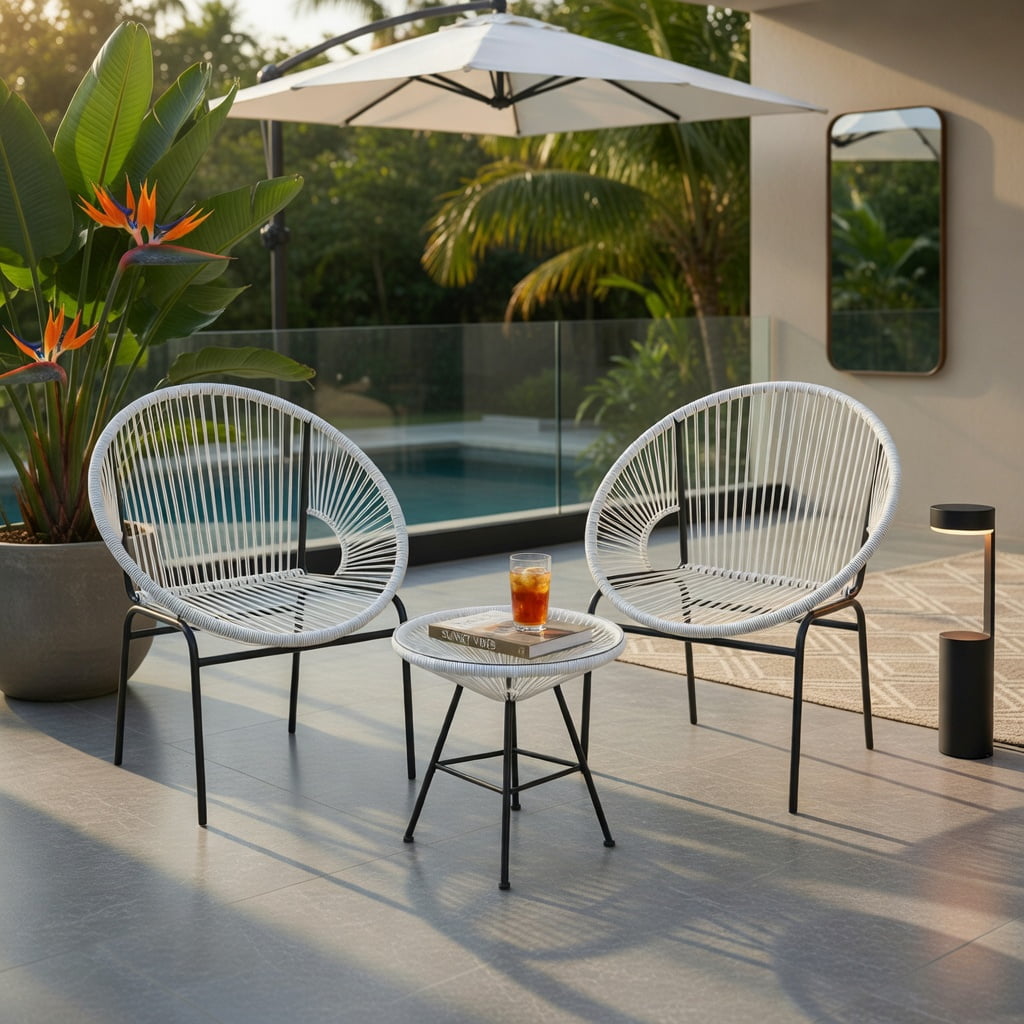 Hommoo 3-Piece Outdoor Acapulco Bistro Set, 2 Ergonomic Rope Chairs + Tempered Glass Table, White