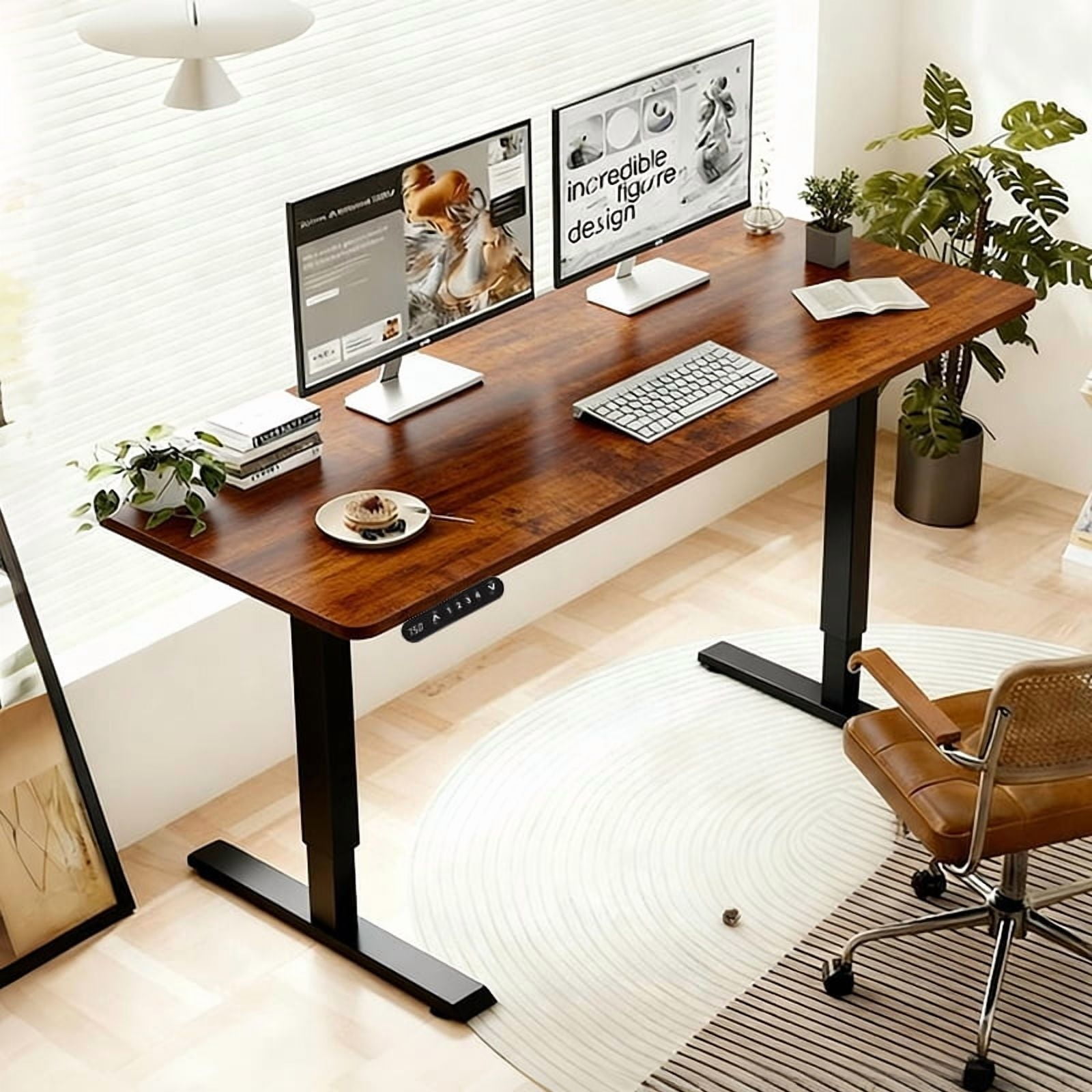 Electric Standing Desk, Adjustable Desk, Gaming Desk&nbsp;with LED Display and Type-C Fast Charge, 55 Inch Double Beam Frame, Anti-Collision for Office, Brown and Leopard Print