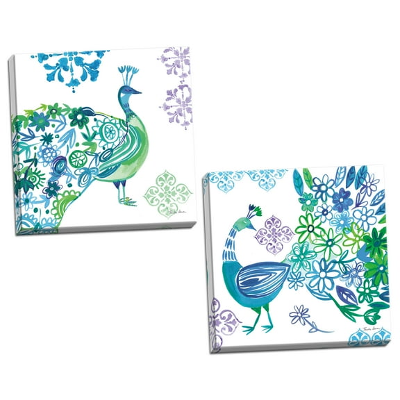 Gango Home Decor Contemporary Jewel Peacocks I & II by Farida Zaman (Ready to Hang); Two 16x16in Hand-Stretched Canvases