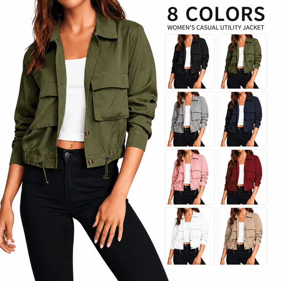 Women's Cropped Bomber Jackets Lightweight Button Front Stand Collar Drawstring Hem Long Sleeve Coat with Pockets
