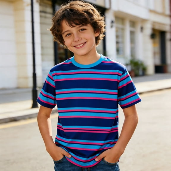 Boys Tshirts Crewneck Short Sleeve Lightweight Stripe Print Tee for Outdoor Wear Boys' Tops Tees Shirts Blue 2 Years-3 Years