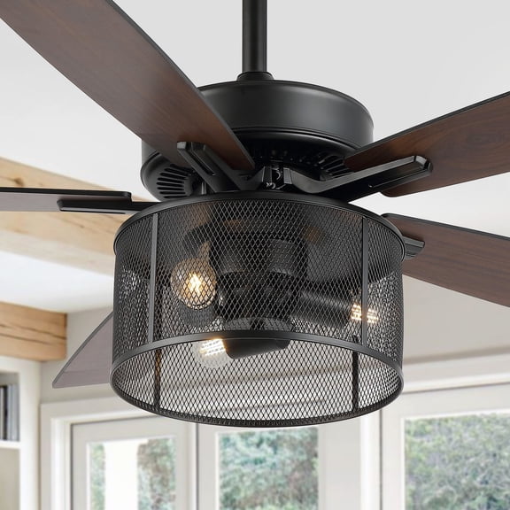 JONATHAN Y Max 52" 3-Light Farmhouse Industrial Iron/Wood Mobile-App/Remote-Controlled LED Ceiling Fan, Black/Dark Walnut