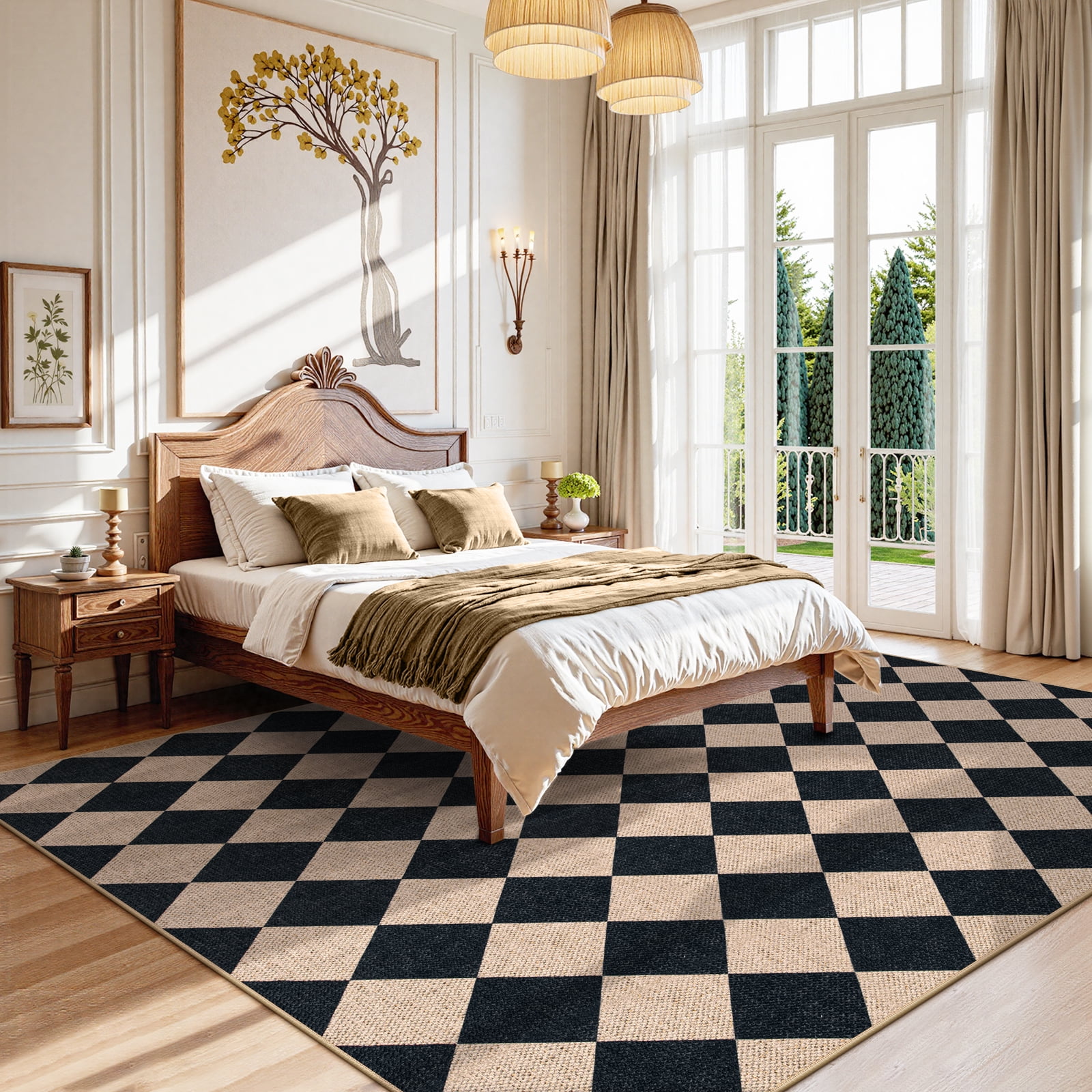 SUNDEREY 8'x10' Easy Jute Area Rug, Large Washable Living Room Rug, Checkerboard Indoor Outdoor Carpet, Modern Geometric Farmhouse Checkered Non Slip Black Carpet for Dining Room Apartment,Black