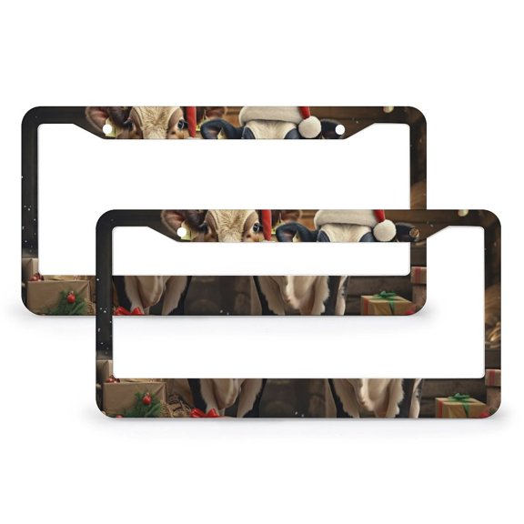 Christmas In The Barn Rustic Cows In Santa Hats License Plate Frames 2 PCS Cow Gifts for Cow Lovers Car License Plate Frame for US And CA 2 Hole Quality Aluminum Metal License Plate Frame