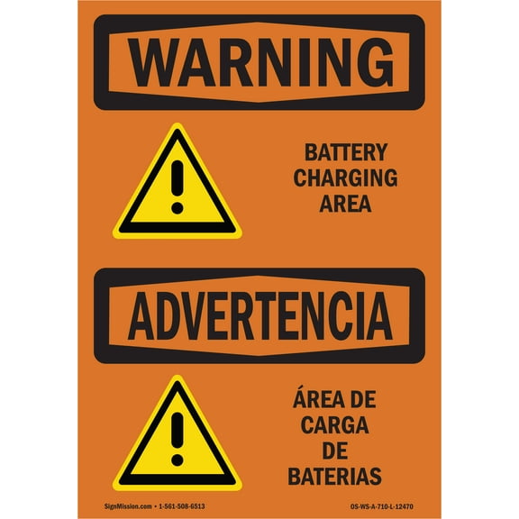 OSHA WARNING Sign - Battery Charging Area Bilingual | Plastic Sign | Protect Your Business, Construction Site, Warehouse & Shop Area | Made in the USA