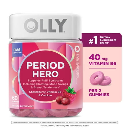 OLLY Period Hero Gummy Supplement, Chasteberry, Vitamin B6, Calcium, PMS Support, Raspberry, 60 Ct