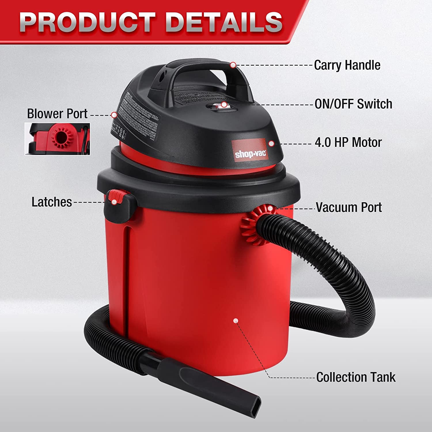 Shop-Vac 4 Gallon 4.0 Peak HP Wet/Dry Vacuum, Portable Compact Shop Vacuum with Tool Holder, Wall Bracket, Ideal for Home, Garage, Workshop
