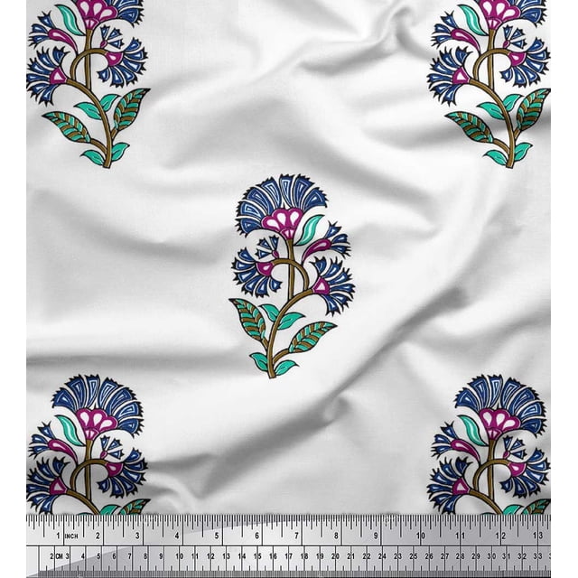 Soimoi Polyester Crepe Fabric Leaves & Floral Block Print Fabric by Yard 52 Inch Wide