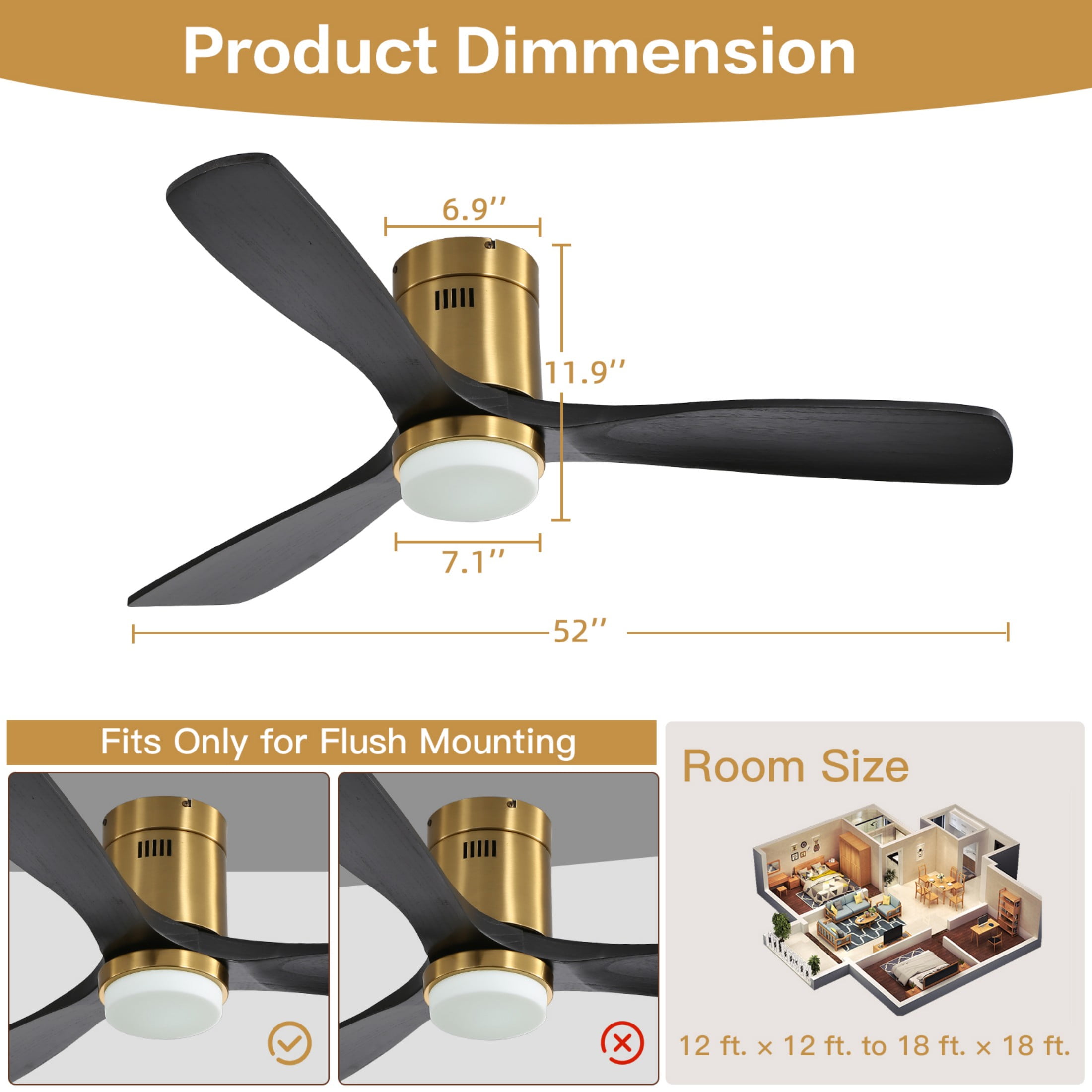 Sofucor 52" Flush Mount Smart Ceiling Fan with Lights, Solid Wood Matte Black and Gold Blades, Compatible with Alexa/Google/App, 3-Color Light 6-Speed Timing Reversible DC Motor