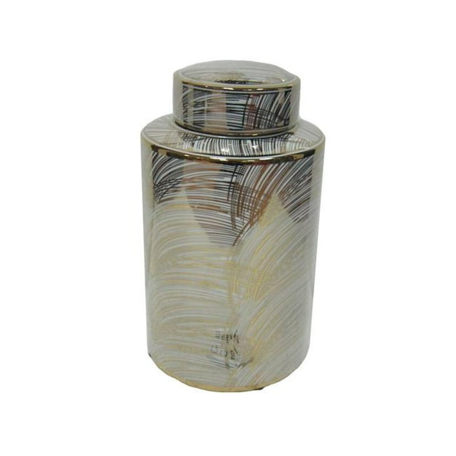 Benzara BM190269 Ceramic Round Lidded Jar with Brushed Texture & Gold Rim - White & Gold - Small - 7 x 7 x 12 in.