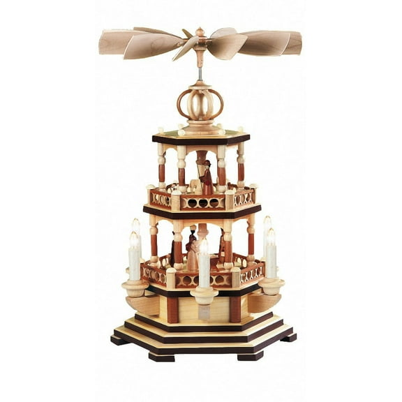 German christmas pyramid Christmas story, 2-tier, height 47 cm / 19 inch, electrical illuminated and driven (120V, 50Hz for USA and Japan), natural, original Erzgebirge by Müller Seiffen