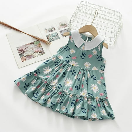 

Lovskoo Toddler Girls Casual Sleeveless Dress Doll Collar Floral Print Ruffles Fashion Flutter Sleeve Dress for 2-3 Years Green