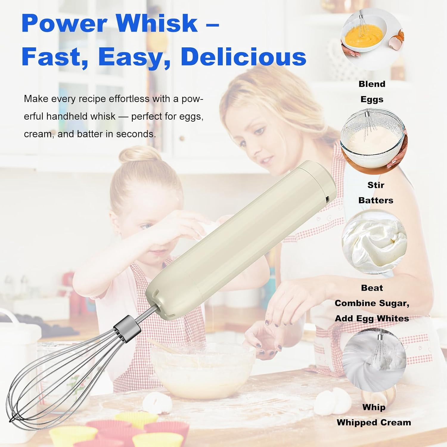 Cordless Hand Mixer MixgoII, Handheld Electric Whisk & Milk Frother, Held Mini Mixers, Rechargeable and Whisker, Food Processor for Cooking, Chopper, 4-Speed, 10Oz