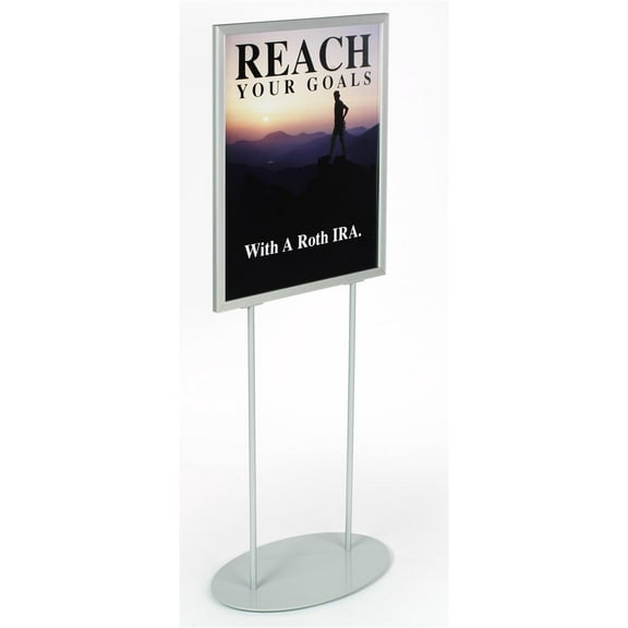 Poster Stand for 22 x 28 Prints, Double-Sided Sign Holder with Top-Loading Slide-in Design, Plastic PVC Lenses Reduce Light Glare - Silver Aluminum (SLDEB2228)