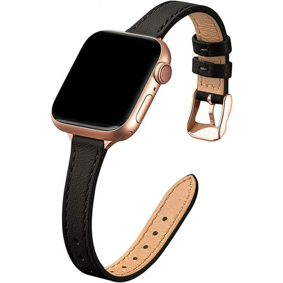 STIROLL Slim Leather Band, Compatible with Apple Watch, Black with Rose Gold, 38mm/40mm