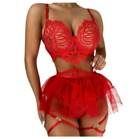 

YDKZYMD Women Red Bra and Panty Teddy Babydoll Sexy Bralette Nightdress Plus Size Lace with Garter Belt Lingerie 3 Piece S-3XL