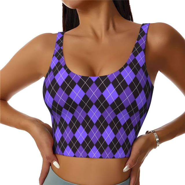 Fotbe purple argyle Sujetador Deportivo Largo sin Aros para Mujer con Almohadillas y Soporte Medio, Transpirable y Absorbente, Camiseta Tipo Chaleco o Tank Top-Medium