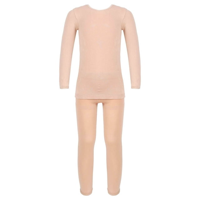 Yeahdor Ensemble Thermique pour Filles, Col Rond, Manches Longues, Couche de Base, Hauts et Collants, Tenues de Gym, Danse de Ballet, Sans Pieds, Nude, TG