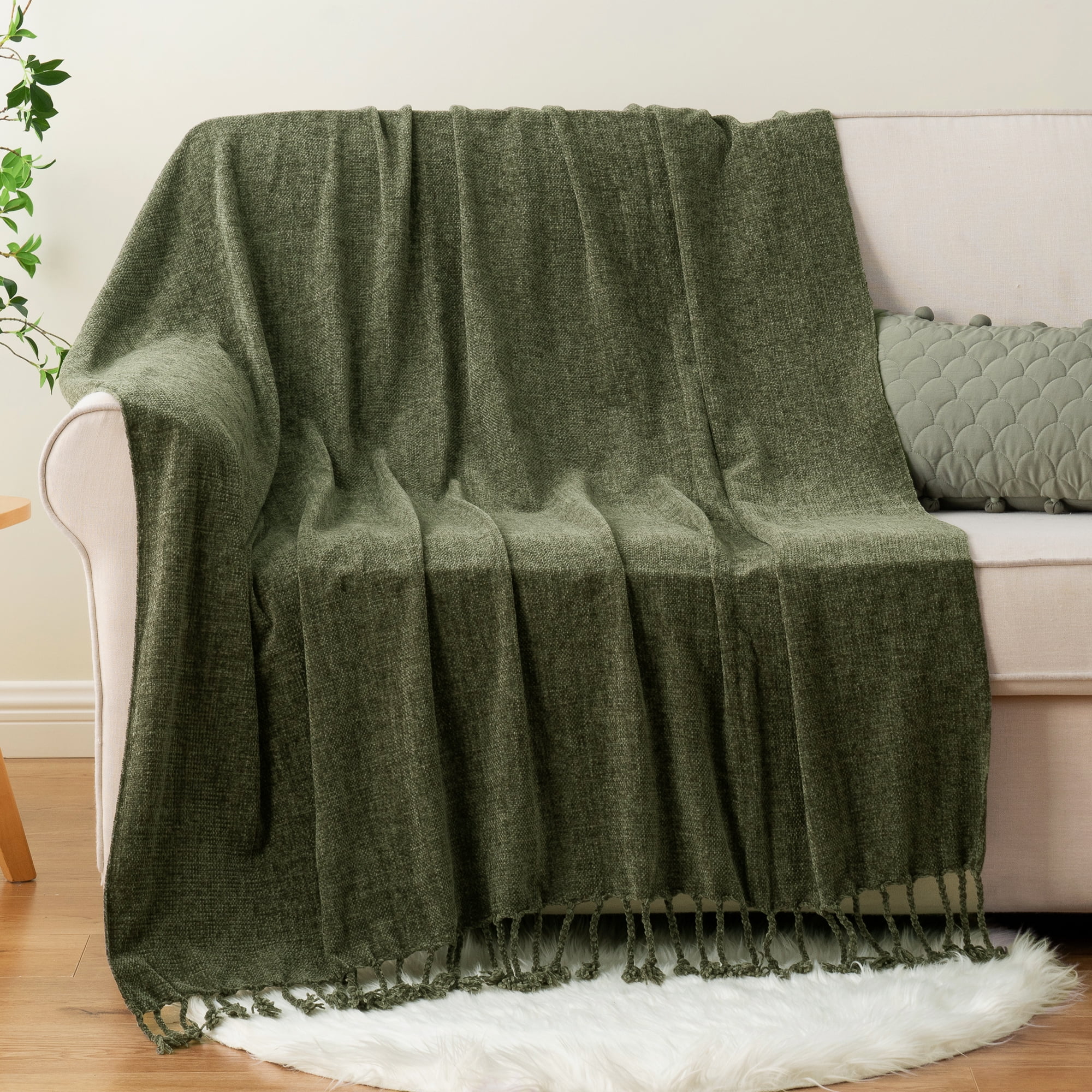 Battilo Olive Green Throw Blanket for Sofa Bed, Soft Cozy Chenille Blankets with Fringe Tassels,50"x60"