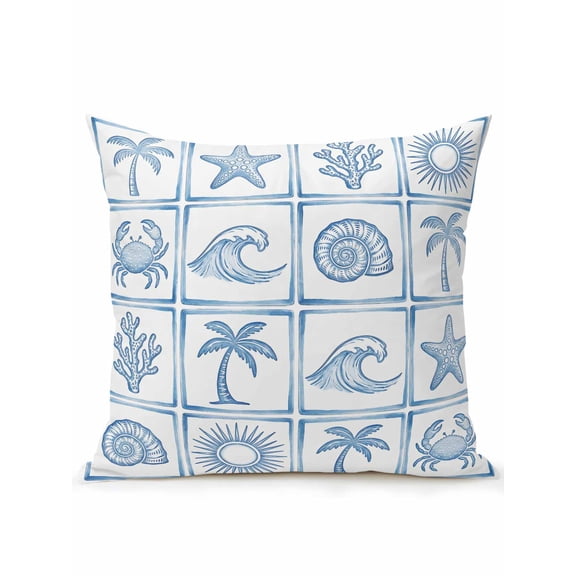 1 Pack Outdoor Throw Pillow, Blue Coastal Waterproof Pillow with Insert Included, Nautical Starfish Coral Conch Ocean Ocean Decorative Accent Cushion Sofa Pillows for Patio Porch, 18 x 18 In