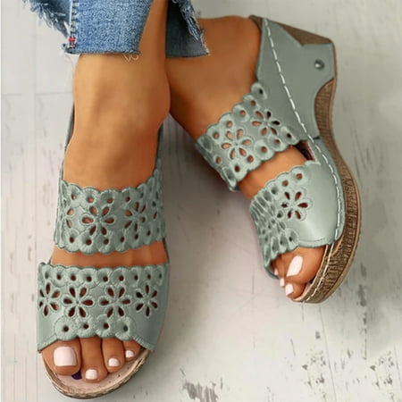 

STEADY Womens Shoes Wedges New Style Sandalias Hollow Out Solid High Heels Slippers Green / 41