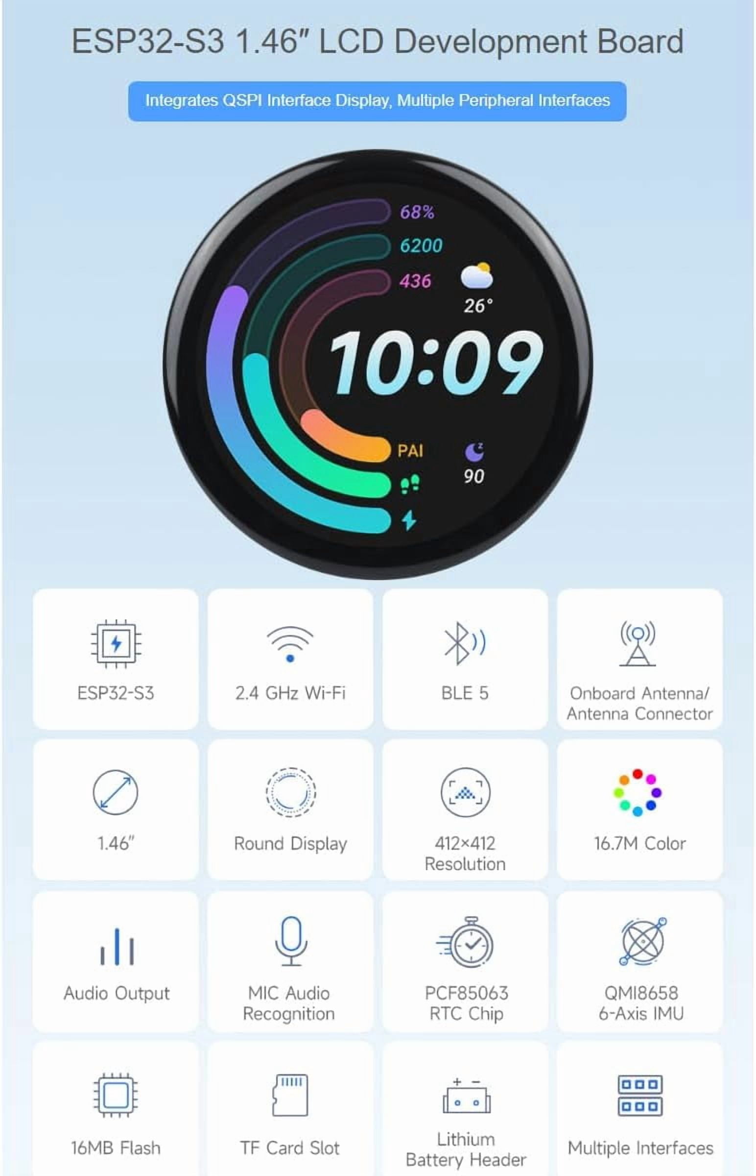 ESP32-S3 1.46inch Round Display Development Board 412×412 Resolution 16.7M Color Capacitive Touch IPS Display Panel Onboard Speaker and Microphone