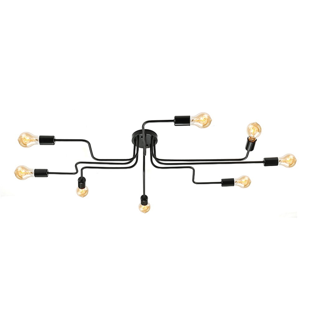 Litfad Black Sputnik Ceiling Light Fixture Industrial Edison Bulb Wrought Iron 8 Light Semi Flush Mount Light for Dining Kitchen